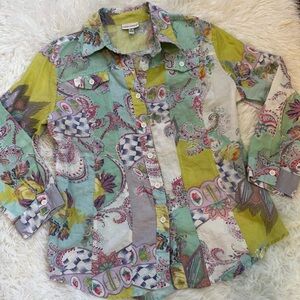 Y2k Harve Benard linen blend multi print patchwork button up blouse medium